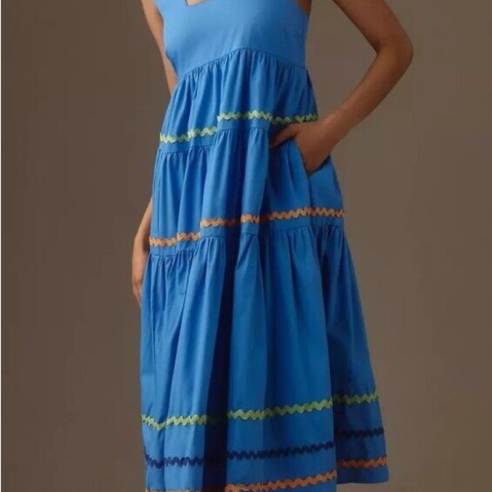 Anthropologie Blue Midi Dress with Colorful Accents